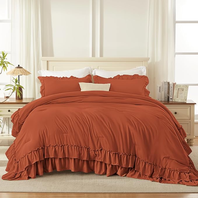 Andency Terracotta Twin Size Comforter Set, 2 Pieces Lightweight Fluffy Ruffle Bedding Set for Dorm, All Season Soft Farmhouse Shabby Chic Bed Set for Kids (66x90In), Burnt Orange