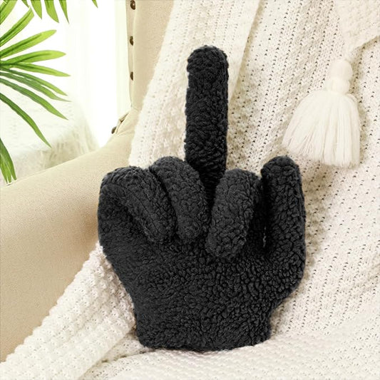 Menkxi Small Middle Finger Decorative Pillow 13.78 x 9.84 in Funny Shaped Sherpa Fleece Throw Pillow Warm Soft Emoticon Cushion Middle Finger Decor for Couch Gag Gift(Black)