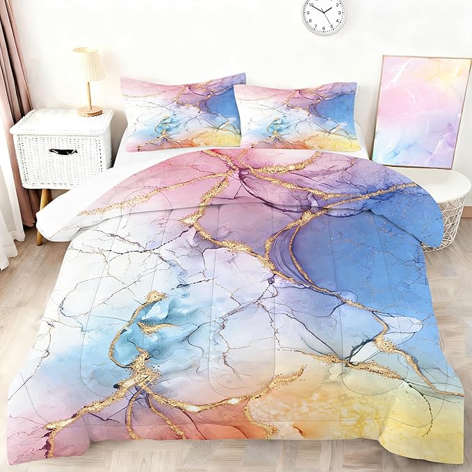 Watercolor Marble Comforter Set Twin Size for Kids Girls Teens Pastel Marbled Bedding Set Pink Blue Yellow Gold Bed Set for Room Decor Colorful Marbling Quilt Set with 1 Comforter + 1 Pillowcase