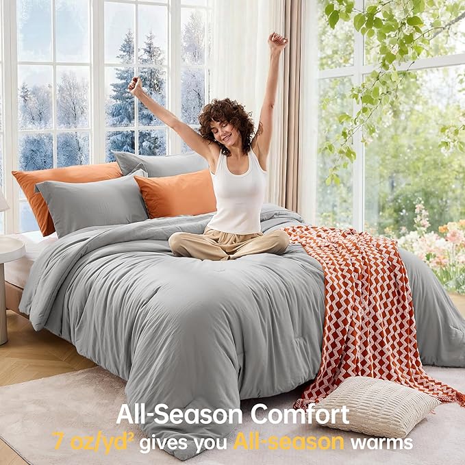 MUXHOMO Queen Comforter Set, All Season Ultra Soft Down Alternative Bedding - 3 Piece Lightweight Bed Set Includes 1 Comforter (90"x90") and 2 Pillow Shams (20"x26"), Light Grey