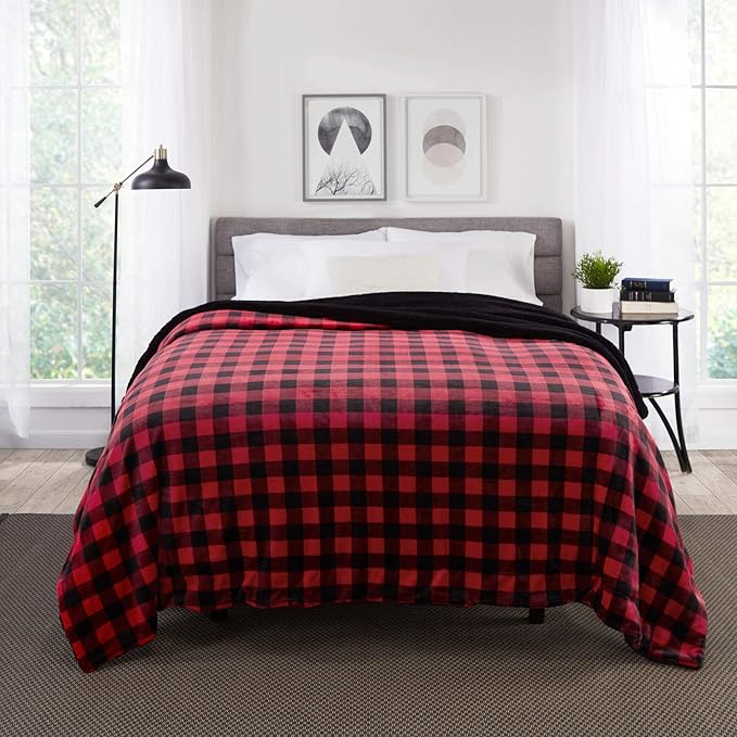 Genteele Sherpa Throw Blanket Super Soft Reversible Ultra Luxurious Plush Blanket, 102 x 90 inches, Buffalo Check Red/Black