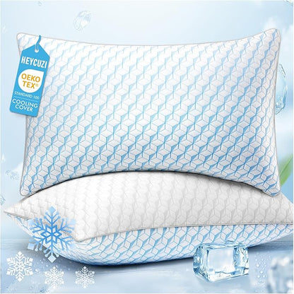 Bed Pillows Queen Size for Sleeping - Cooling Down Alternative Breathable Soft Pillows Set of 2 for Side, Back, and Stomach Sleepers - Hotel Quality Fluffy Microfiber Fill Skin-Friendly