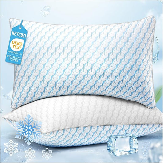 Bed Pillows Queen Size for Sleeping - Cooling Down Alternative Breathable Soft Pillows Set of 2 for Side, Back, and Stomach Sleepers - Hotel Quality Fluffy Microfiber Fill Skin-Friendly