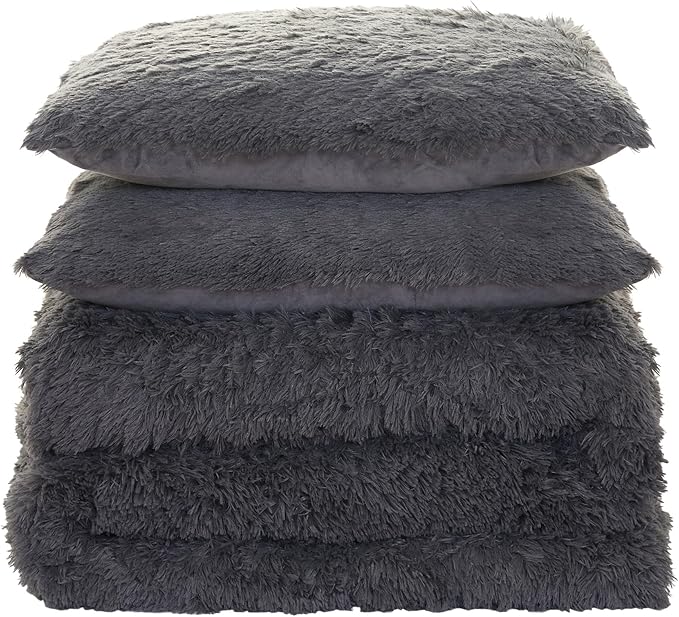 King Luxury Faux Fur Comforter Set - Soft & Breathable 7-Piece Bedding Collection - 1 Comforter, 1 Fitted Sheet, 1 Flat, 2 Pillowcases, 2 Pillow Shams - Deep Pocket - Premium Quality, Dark Gray