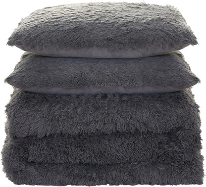 Queen Luxury Faux Fur Comforter Set - Soft & Breathable 7-Piece Bedding Collection - 1 Comforter, 1 Fitted Sheet, 1 Flat, 2 Pillowcases, 2 Pillow Shams - Deep Pocket - Premium Quality, Dark Gray
