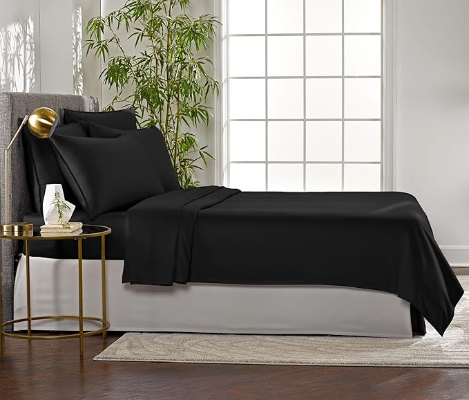 Pure Bamboo Queen Sheets, Genuine 100% Organic Viscose Derived from Bamboo Bed Sheet Set, Luxuriously Soft & Cooling, Double Stitching, 2 Year Quality Promise (Queen, Black)
