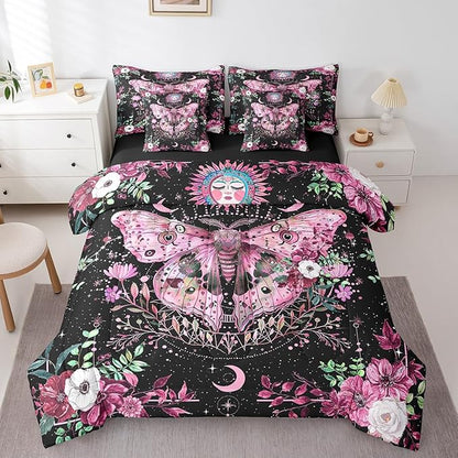 Feelyou Pink Purple Death Moth Bedding Set with Comforter, Boho Moth Comforter King Size 7Pcs Sun Moon Butterfly Bed in a Bag with Comforter, Boho Floral Flat Sheet, Fitted Sheet, Pillowcases