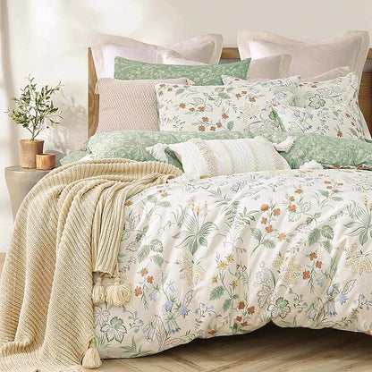 Natural Cotton 3pcs Botanical Comforter Sets Queen Size-Green Comforter with Red & Blue Flowers,Gray Leaves on Off-White, Reversible Lightweight Bedding Sets(Full/Queen)