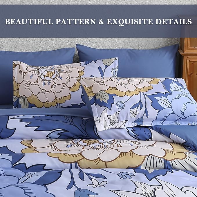 DJY 7 Pieces Blue Floral Comforter Set Queen Size Botanical Bed in a Bag, Soft Microfiber Boho Farmhouse Bedding Floral Comforter with Sheets Set for All Season (104''x90'')