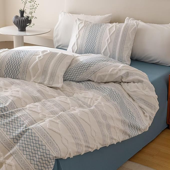 Houseri Tufted Blue Comforter Set California King Jacquard Bedding Shabby Chic Farmhouse Bed Sets Cal King