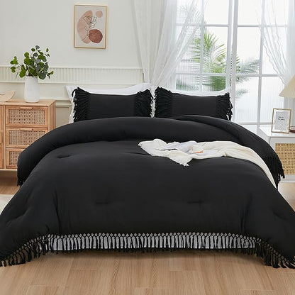 Andency Black Comforter Set California King, 3 Pieces Boho Tassel Lightweight Soft Bedding Comforter Sets for King Bed, All Season Fluffy Fringe Bed Set (104x96In Comforter & 2 Pillowcases)