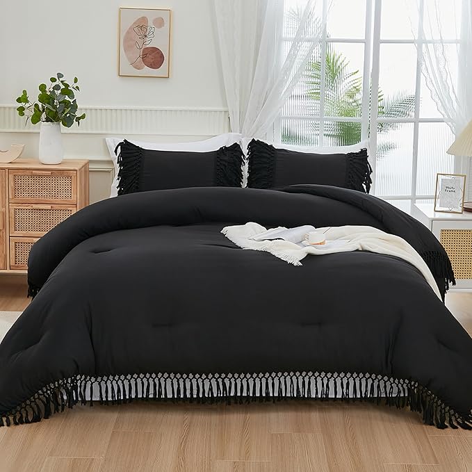 Andency Black Comforter Set King, 3 Pieces Boho Tassel Lightweight Soft Bedding Comforter Sets for King Bed, All Season Fluffy Fringe Bed Set (104x90In Comforter & 2 Pillowcases)