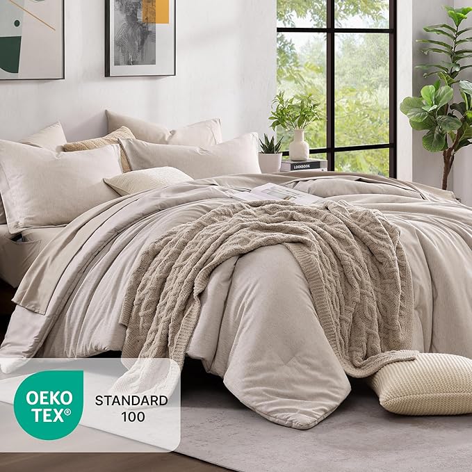 Monbix Full Size Comforter Set, Oatmeal Bedding Comforter for Full Size Bed Set Reversible, Bedding Sets Full 7 Pieces, Cationic Dyeing Bed in a Bag with Comforter, Sheets, Pillowcases & Shams