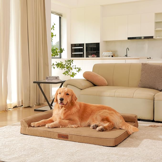 Orthopedic Dog Bed for Large Dogs, 44"x32"x6" Memory Foam Pet Bed with Washable Microsuede Cover, TPU Waterproof Liner & Nonskid Bottom, for Indoor, Outdoor, Crate ＆ Car Use, Khaki