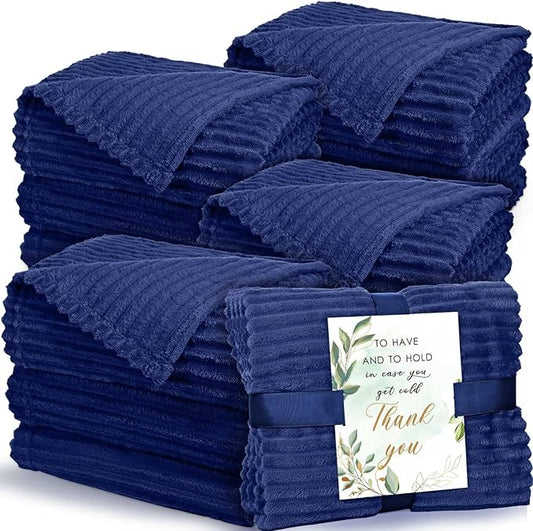 Buryeah 12 Pcs Wedding Flannel Fleece Throw Blanket Bulk with Thank You Card and Ribbon, 50 x 60 in Oeko-TEX Standard 100 Certified Blankets Outdoor Wedding, Guest Party Souvenirs (Navy)