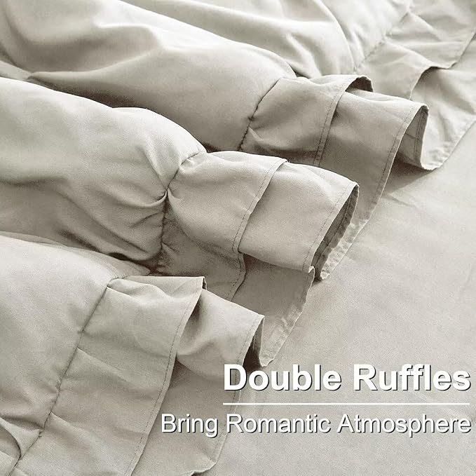Light Grey Bedding Comforter Sets Full Size 3 Pcs with 1 Comforter and 2 Pillowcases Pinch Pleated Pintuck Ruffles Rustic Shabby Farmhouse Bedding Set All Season Lightweight Bed Sets