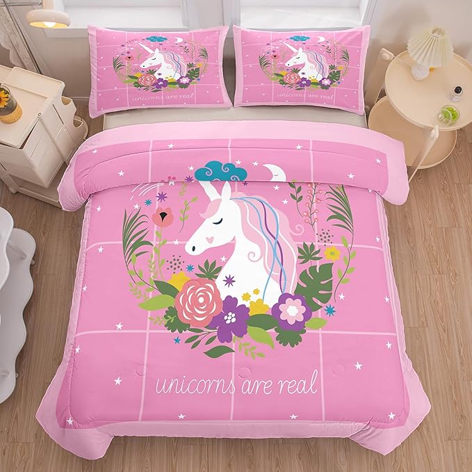Tailor Shop Girls Unicorn Comforter Set Queen Size Unicorn Pink Bedding Sets for Girls Kids Flower Comforter Set Unicorn Room Decor Ultra Soft Bed Set with 2 Pillowcase…