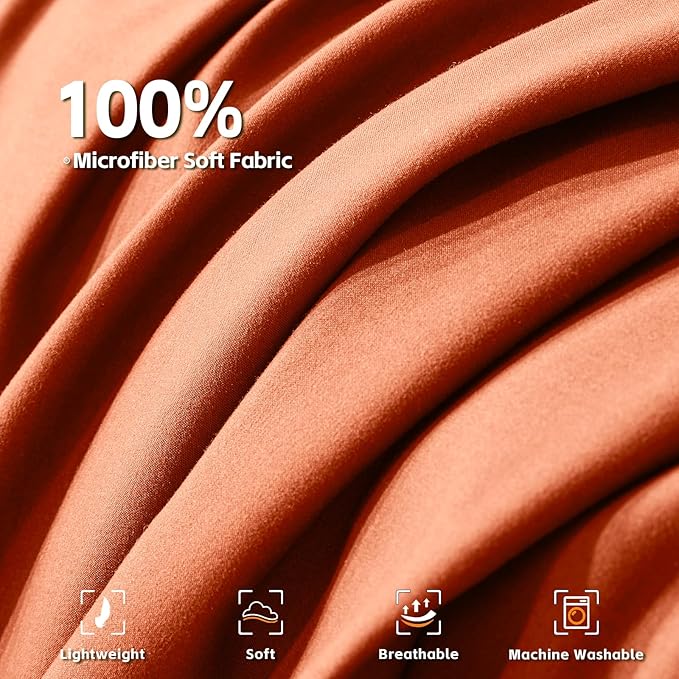 COZYART Queen Comforter Set 7 Pcs, Burnt Orange Bed in a Bag, All Season Lightweight Soft Reversible Bedding Set, 1 Comforter, 1 Flat Sheet, 1 Fitted Sheet, 2 Pillow Shams, 2 Pillowcases