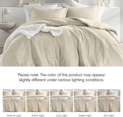 King Size Comforter Set, Lightweight Neutral Soft Bedding for All Seasons, 3 Pieces Chambray Print Solid Farmhouse Bed Set, Comforter & Sham