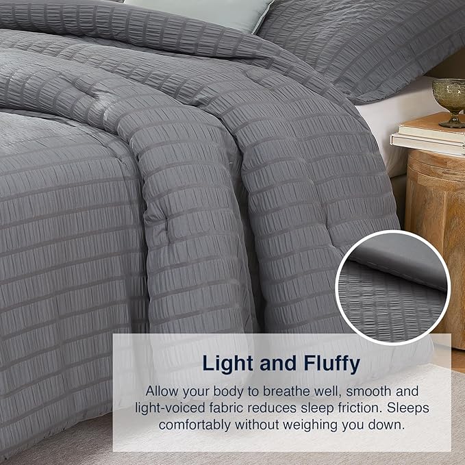 Grey King Comforter Set - 3 Pieces Seersucker Lightweight Bedding Comforter Sets (1 Soft Fluffy Comforter & 2 Pillowcases) - All Seasons Cozy Modern Bed Sets for Women Men
