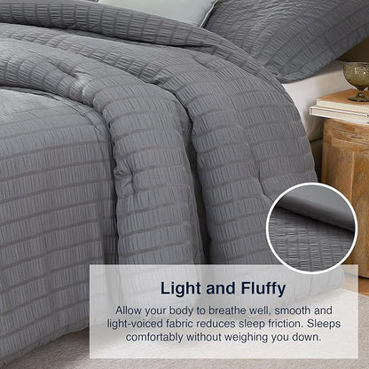 Grey Queen Comforter Set - 3 Pieces Seersucker Lightweight Bedding Comforter Sets (1 Soft Fluffy Comforter & 2 Pillowcases) - All Seasons Cozy Modern Bed Sets for Women Men