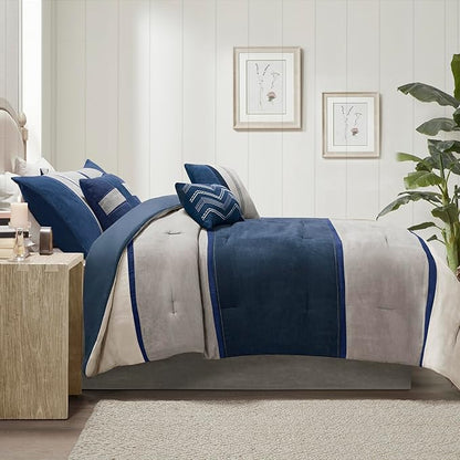 Madison Park Palisades Comforter Set Modern Faux Suede Pieced Stripe Design, All Season Down Alternative Cozy Bedding with Matching Shams, Decorative Pillows, Queen(90"x90"), Multicolor, 7pcs