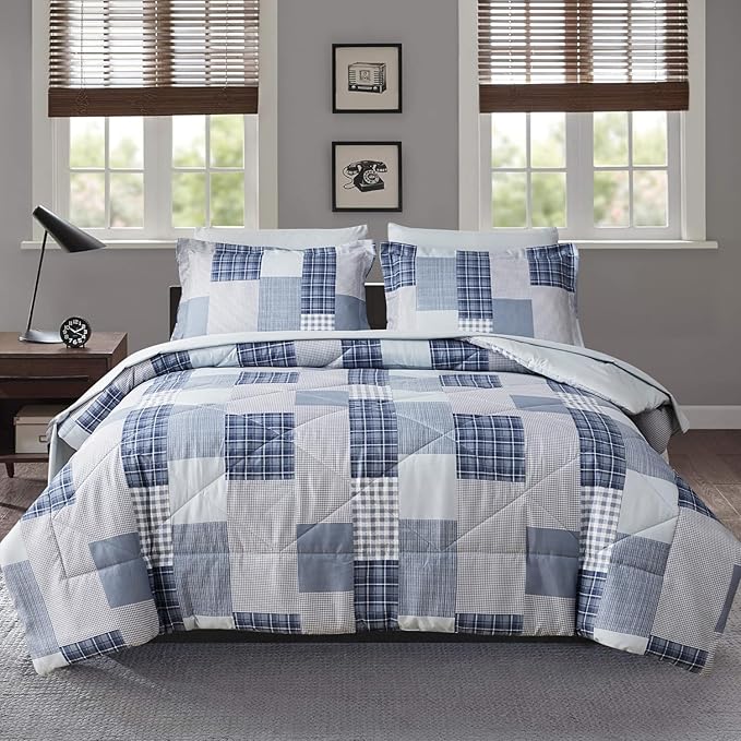 Comforter Set Queen Size Plaid Patchwork Comforter Bedding-7 Piece Bed in a Bag,Soft Fluffy Reversible Microfiber Bedding Set(1 Comforter,1 Flat Sheet,1 Fitted Sheet,2 Pillowcases,2 Pillow Shams),Blue
