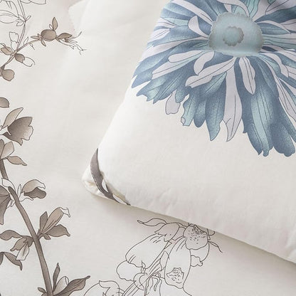 Cotton Comforter Twin Size Set – White Blue Floral Brown Leaf Bedding, Soft & Breathable Comforter, All-Season Down-Alternative Filling, 1 Comforter & 1 Pillow Sham