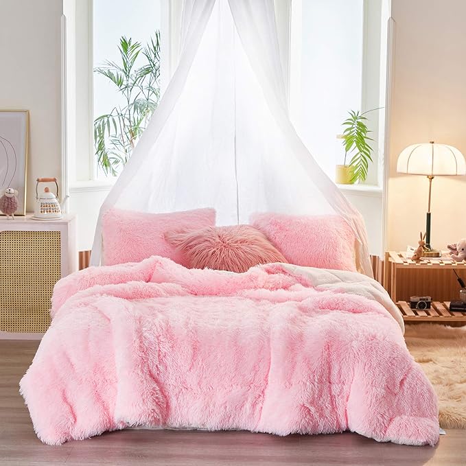 Joyreap 3-Piece Plush Shaggy Comforter Set, Twin Size Luxury Faux Fur Sherpa Reversible Bedding Comforter Set, Ultra Cozy Warm Fluffy Bedding Set for Winter (Pink, 68x86 inches)