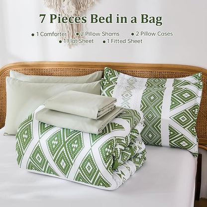 Luxudecor Green Comforter Set King Size 7 Pieces,Boho Aztec Comforter with Sheet Set,Geometric Striped Pattern Bed in a Bag,Soft Microfiber Bed Set 104"x90"