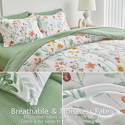 AIKASY Bed in a Bag 7 Pieces King Size - Floral Print - Soft Microfiber, Reversible Bed Comforter Set (1 Comforter, 2 Pillow Shams, 1 Flat Sheet, 1 Fitted Sheet, 2 Pillowcases)（White, King）