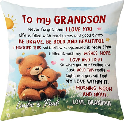 Hyturtle Personalized Grandson Pillow (Insert Included) Gifts from Grandma - Birthday Graduation for Grandson - Cute Bear Custom Name Sofa Couch Cushion Home Decor Pillow