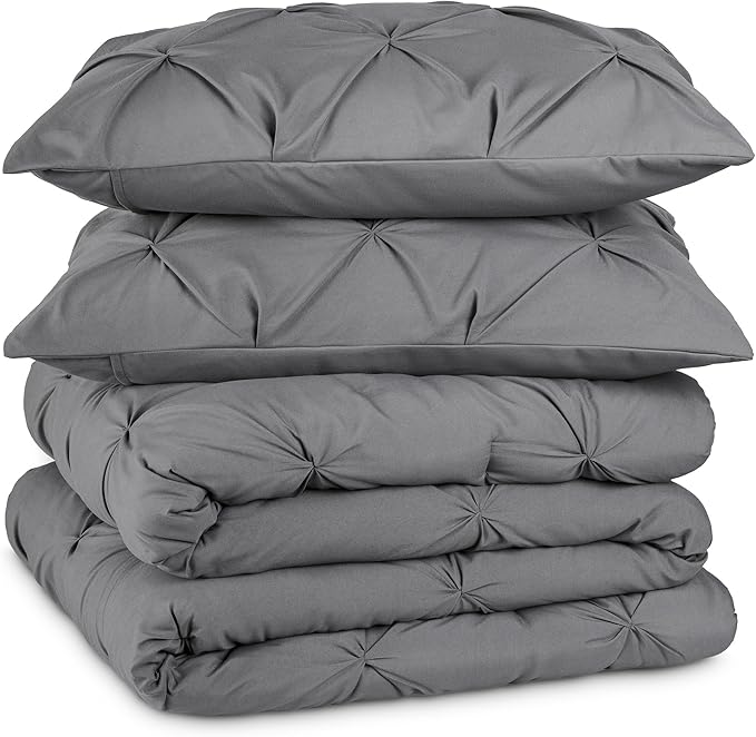 Bare Home Pintuck Pinch Pleat Comforter Set - Down Alternative - Soft, Premium 1800 Series - Bedding for All Seasons, 3 Pieces, 1 Comforter (90”x 104”) and 2 Pillow Shams (King, Grey)