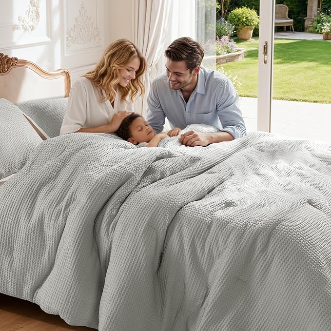 Shilucheng Waffle Cotton King Size Comforter Set - 3 Piece Bedding Set with Comforter and 2 Pillow Shams, Soft & Breathable All-Season Waffle Weave Comforter, Machine Washable, Grey