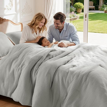 Shilucheng Waffle Cotton King Size Comforter Set - 3 Piece Bedding Set with Comforter and 2 Pillow Shams, Soft & Breathable All-Season Waffle Weave Comforter, Machine Washable, Grey