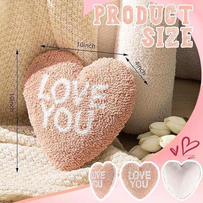 Peryiter Love You Heart Shape Handicraft Hook Pillow 10'' x 10'' Needlepoint Pink Heart Throw Pillow for Couples Anniversary, Wedding, Party Decor, Room Cushion