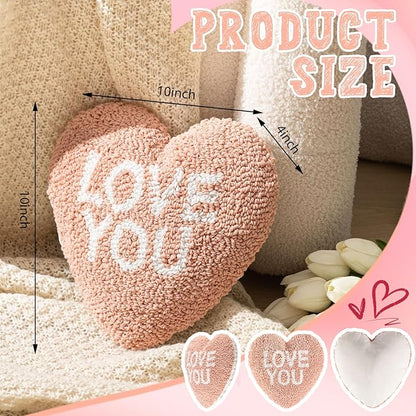 Peryiter Love You Heart Shape Handicraft Hook Pillow 10'' x 10'' Needlepoint Pink Heart Throw Pillow for Couples Anniversary, Wedding, Party Decor, Room Cushion