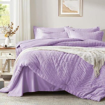 Zzlpp Full Comforter Set 7 Pieces, Light Purple Seersucker Bed in a Bag with Comforter, Pillow Shams, Pillowcases, Flat Sheet, Fitted Sheet