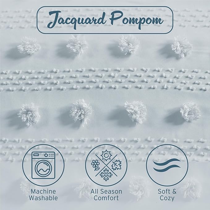 Intelligent Design King Comforter Set, Clipped Jacquard Comforter Set Chic Pompom Accent, All Seasons Lightweight & Fluffy Comforter Bed Set with 2 Shams, Lucy, King/Cal King, Blue 3 Piece