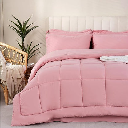 DOWNCOOL King Size Comforter Set, 7Pcs Bedding Comforter Sets Pink, All Season Down Alternative Bedding Comforter Sets with Comforter, Flat Sheet, Fitted Sheet, 2 Pillow Shams & 2 Pillowcases