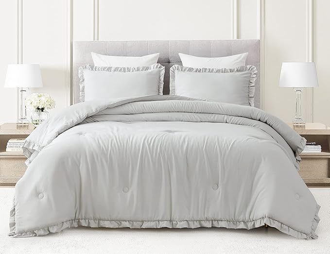 Chezmoi Collection Nora Light Gray Comforter Set Ovesized King 3-Piece Fluffy Soft Stone-Washed Ruffled Shabby Chic Bedding for All Season