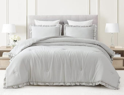 Chezmoi Collection Nora Light Gray Comforter Set Ovesized King 3-Piece Fluffy Soft Stone-Washed Ruffled Shabby Chic Bedding for All Season