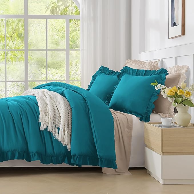 Andency Turquoise Full Size Comforter Set(79x90Inch), 3 Pieces(1 Ruffle Comforter and 2 Pillowcases) Lightweight Fluffy Bedding Comforter Sets Full Bed, All Season Soft Microfiber Bedding Set
