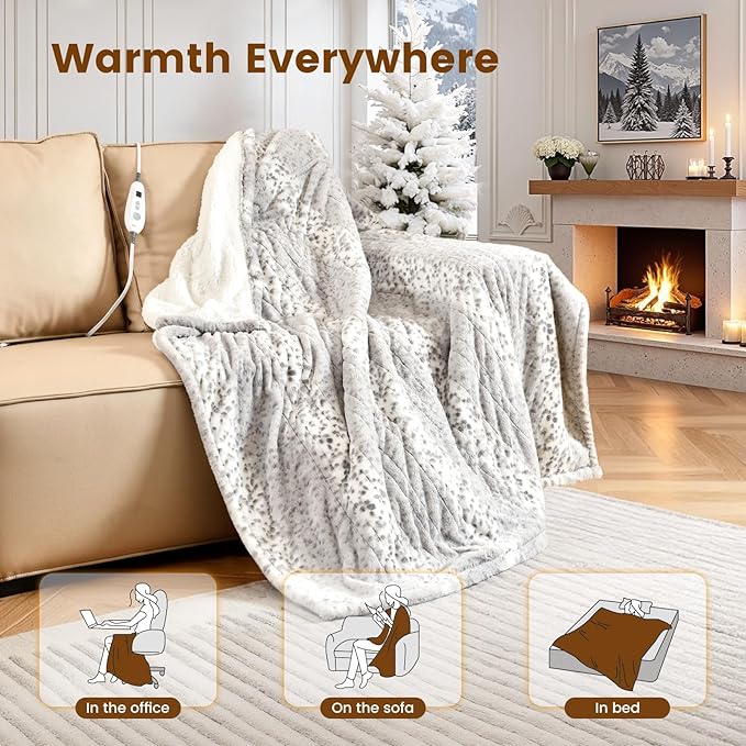 Bearhug Electric Heated Throw Blanket 50" x 60", Reversible Faux Fur & Sherpa, 6 Heating Levels & 4H Auto Off, Over-Heat Protect, ETL Certification, Machine Washable