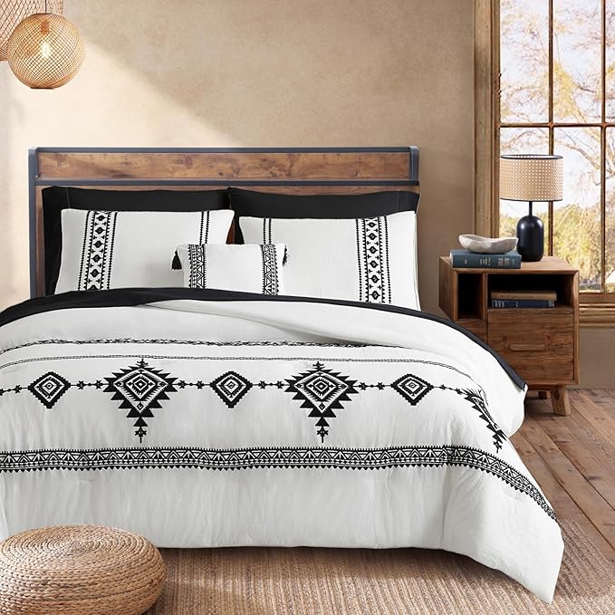MaiRêve Embroidery Comforter Set Queen Size - 7 Piece, White Boho Western Bedding All Season Bed in A Bag, Farmhouse Queen Comforter Set with Sheets, Pillowcases & Shams