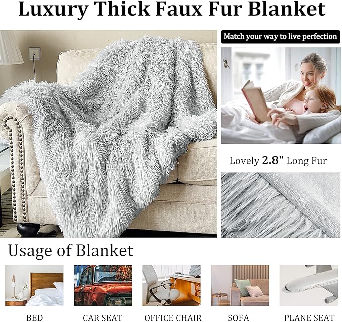 JONIYEAR Decorative 2.8" Long Hair Soft Fuzzy Faux Fur Throw Blanket 50" x 60",Luxury Reversible Fluffy Blankets for Couch Sofa Chair,Lightweight Accent Cozy Plush Thick Warm Shaggy Furry Blanket,Grey