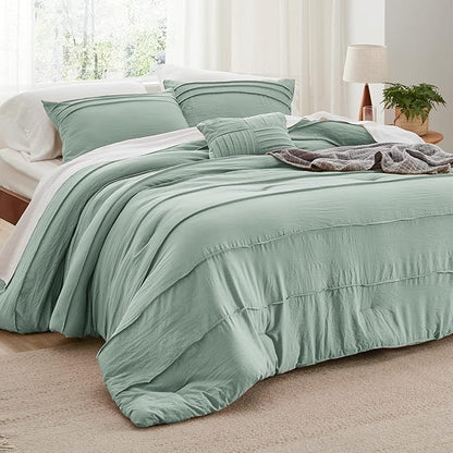 Bedsure King Comforter Set - 4 Pieces Pinch Pleat Bed Set, Sage Green Boho Bedding for All Season, 1 Soft Comforter, 2 Pillowcases, 1 Decorative Pillow