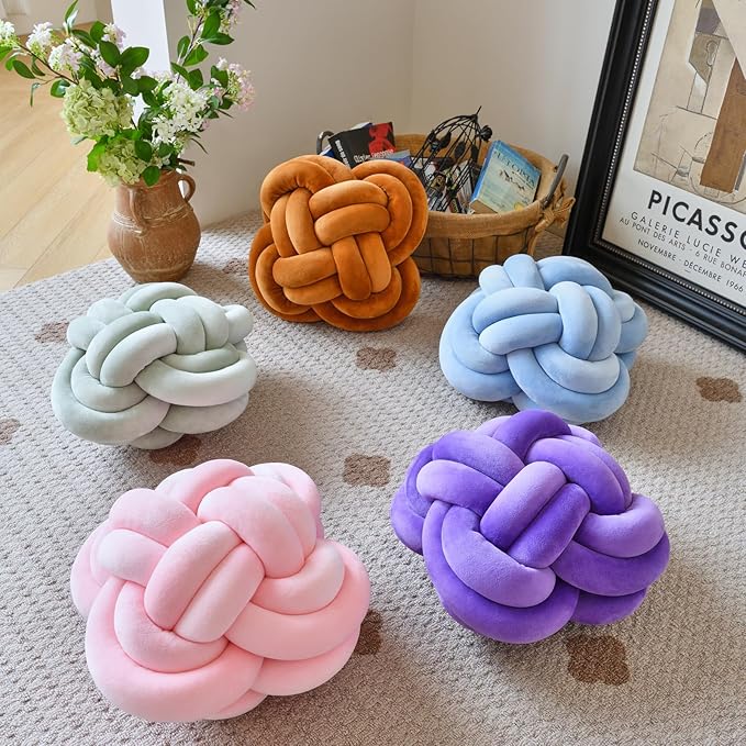 Xuyier Knot Pillow Ball, Decorative Throw Pillows with Velvet Fabric for Couch Bed, 12" Decor Knotted Square Floor Pillow Cushions for Living Room (12 Inches, Blush Pink)