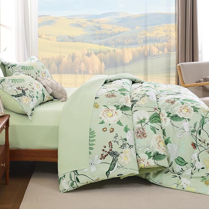 Anibedding 7Pieces Floral King Size Comforter Set, Green Garden Plant Style Bed in a Bag Flower Bedding with Pillow Case for Bedroom
