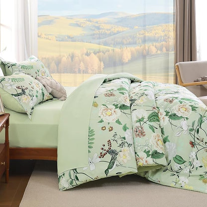 Anibedding 7Pieces Floral King Size Comforter Set, Green Garden Plant Style Bed in a Bag Flower Bedding with Pillow Case for Bedroom